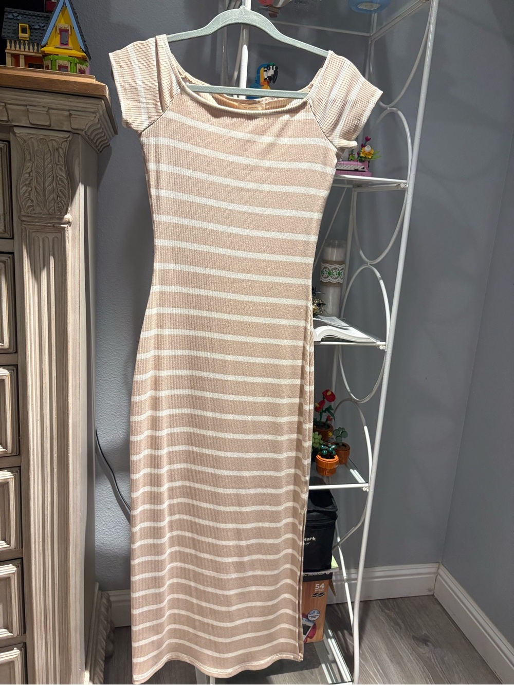 Striped Cap-Sleeve Maxi Dress in Beige and White